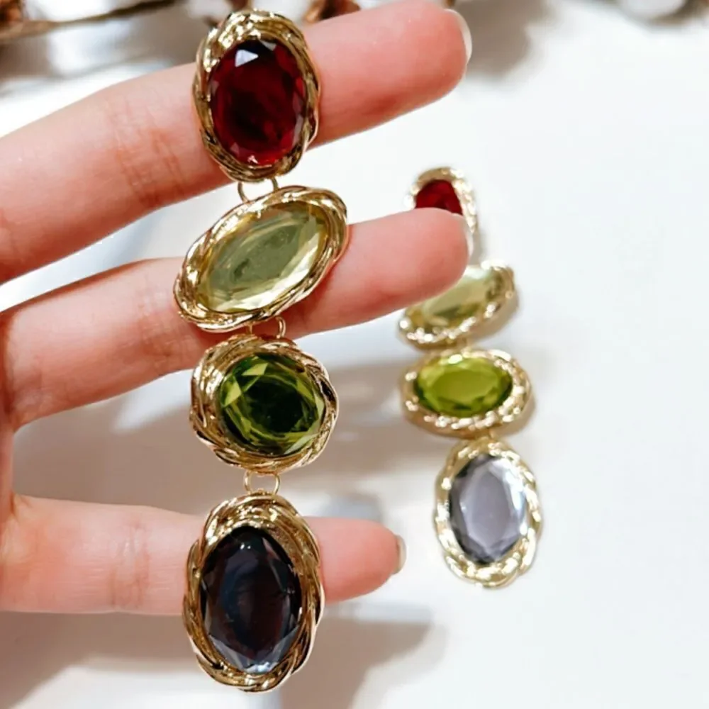 Zara Multicolor Gem Drop Earrings - Red, Orange, Yellow, Green, Purple